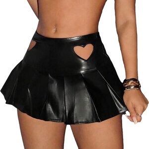 Women's PU Leather High Waist Skirt Heart Print Cut Out Pleated Stretchy Mini Pa